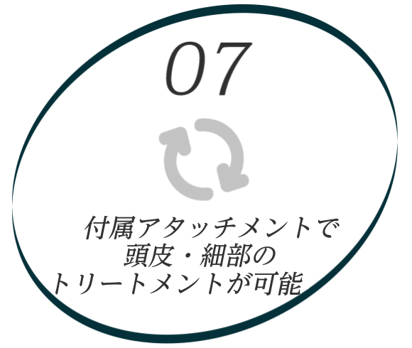 イラスト：07アタッチメント　付属アタッチメントで頭皮、細部のトリートメントが可能