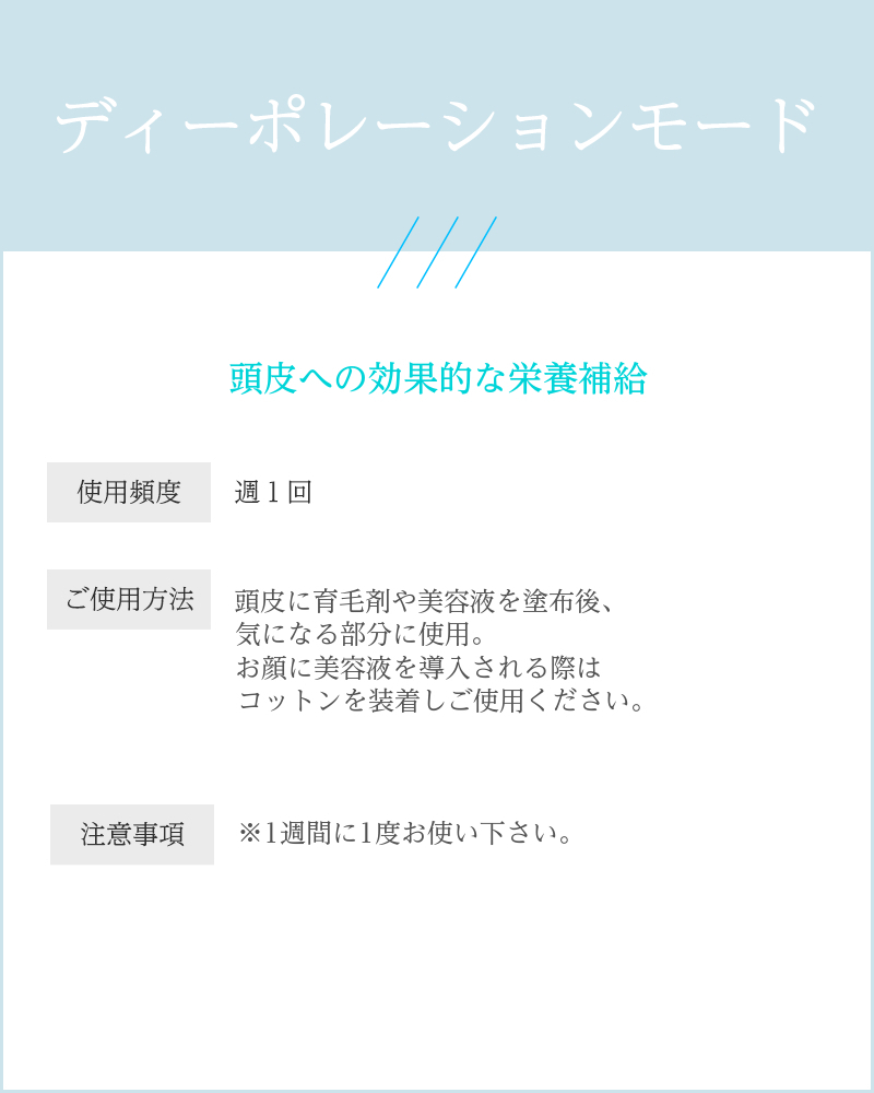 説明文：ディーポレーションモード お肌への効果的な栄養補給 使用頻度： 週1回 使用順序： クレンジングモードの後にご使用下さい。 ご使用方法： コットンに美容液しっかりしみこませてして ください。 美容液を先に導入してから、 化粧水・乳液などをご使用ください。 肌の奥深くまで入るので 無添加の美容液などのご使用がおすすめです。 注意事項： ※1週間に1度の使用に抑えてください。